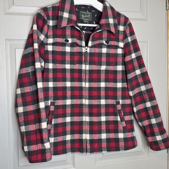 Woolrich Womens Ruby Multi Red Black Plaid Zip Pockets Wool Blend Jacket Large - Picture 2 of 10